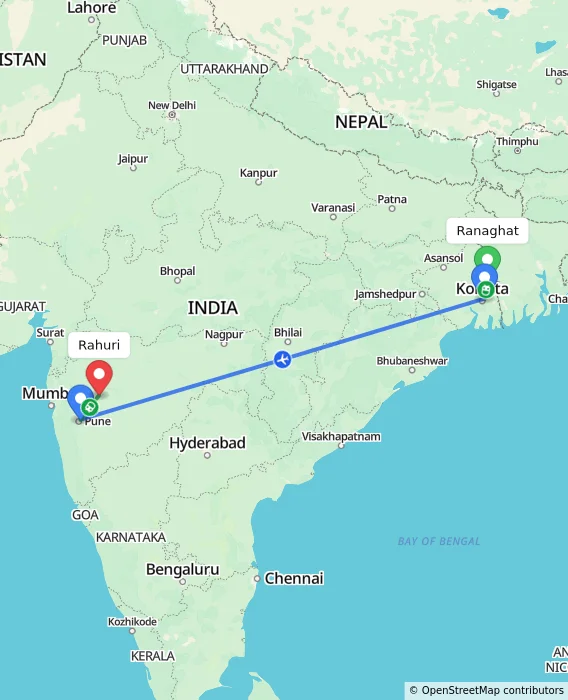 Route map showing distance and travel time from Ranaghat, India to Rahuri, India