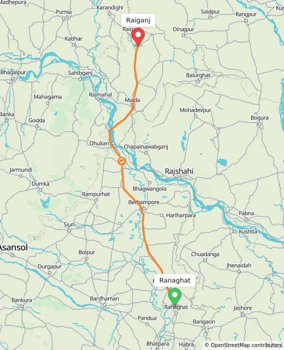 Route map showing distance and travel time from Ranaghat, India to Raiganj, India