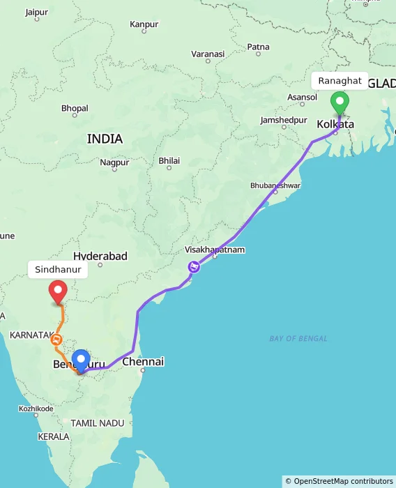 Route map showing distance and travel time from Ranaghat, India to Sindhanur, India