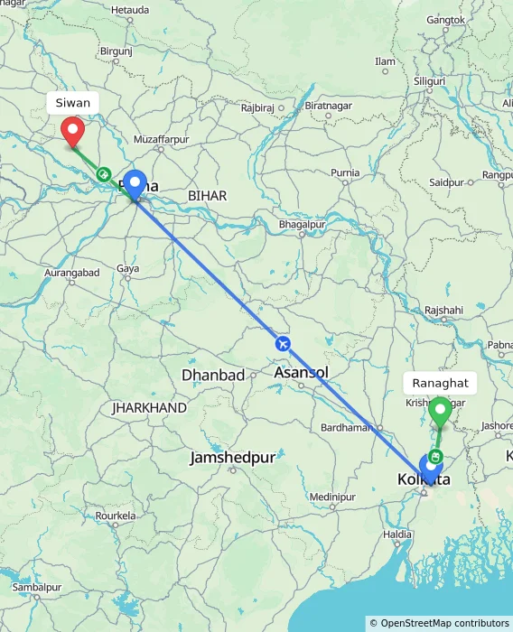 Route map showing distance and travel time from Ranaghat, India to Siwan, India