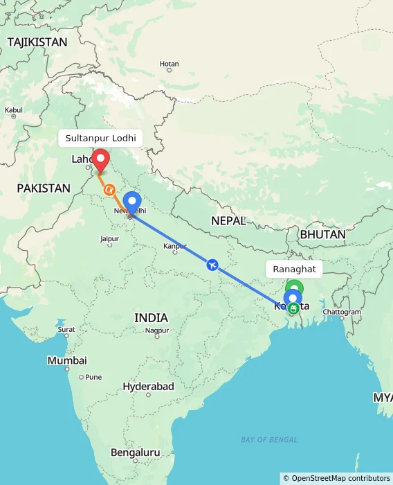Route map showing distance and travel time from Ranaghat, India to Sultanpur Lodhi, India