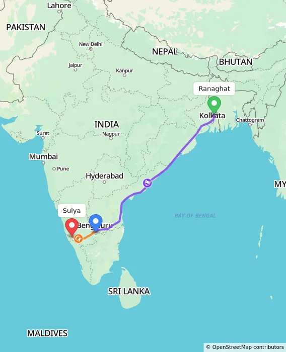 Route map showing distance and travel time from Ranaghat, India to Sulya, India