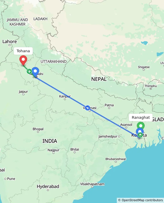 Route map showing distance and travel time from Ranaghat, India to Tohana, India