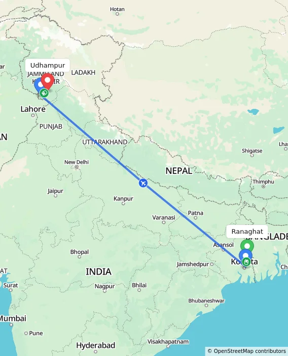 Route map showing distance and travel time from Ranaghat, India to Udhampur, India