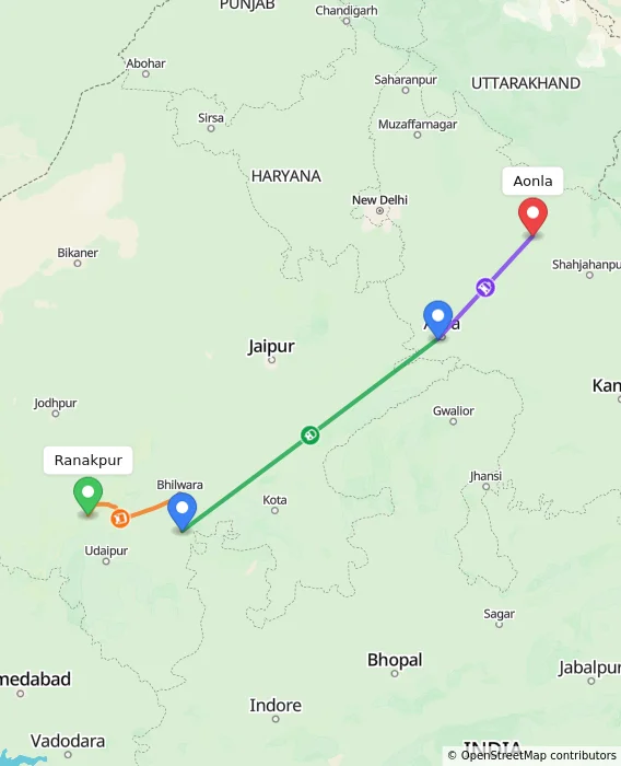 Route map showing distance and travel time from Ranakpur, India to Aonla, India