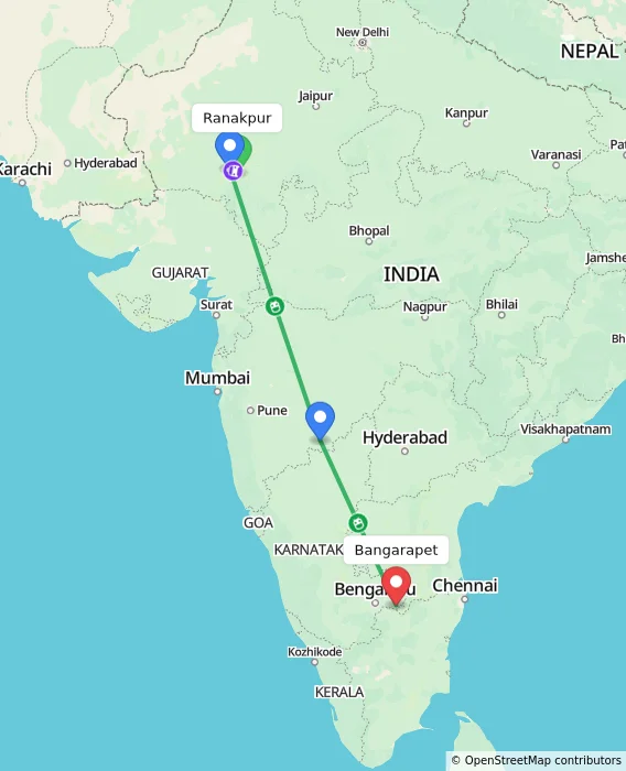 Route map showing distance and travel time from Ranakpur, India to Bangarapet, India