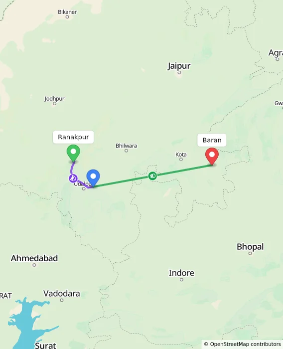 Route map showing distance and travel time from Ranakpur, India to Baran, India