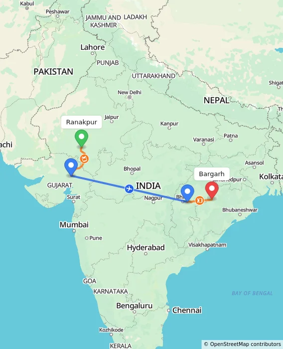 Route map showing distance and travel time from Ranakpur, India to Bargarh, India