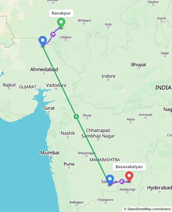 Route map showing distance and travel time from Ranakpur, India to Basavakalyan, India