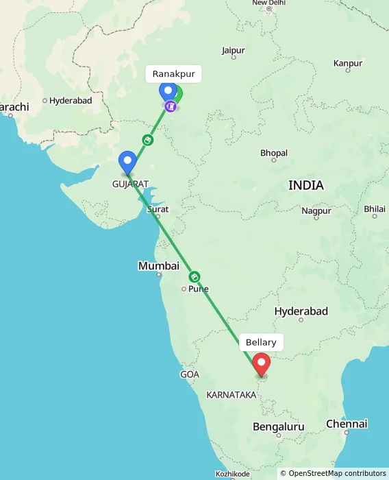 Route map showing distance and travel time from Ranakpur, India to Bellary, India