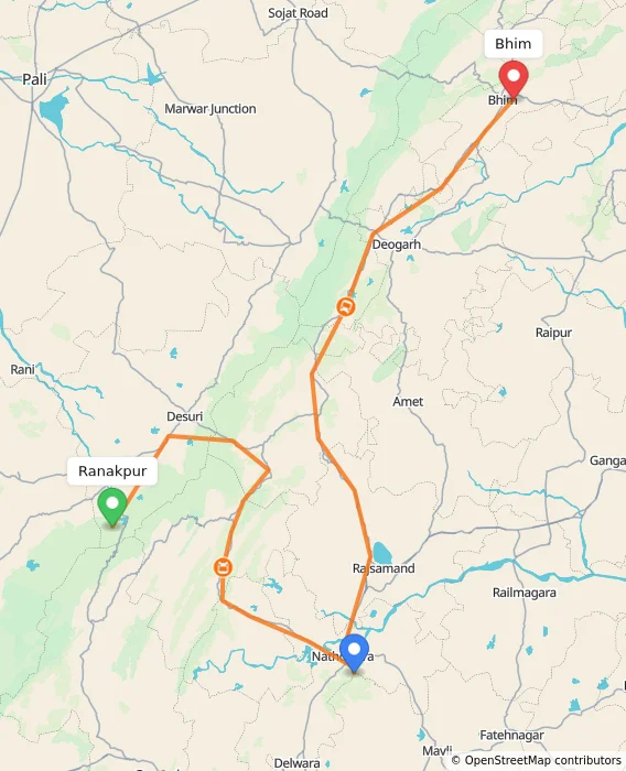 Route map showing distance and travel time from Ranakpur, India to Bhim, India