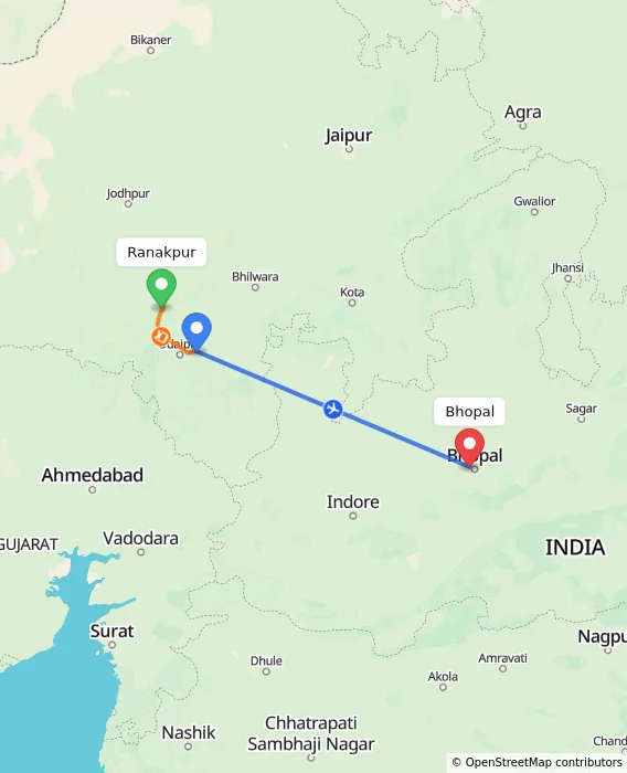 Route map showing distance and travel time from Ranakpur, India to Bhopal, India
