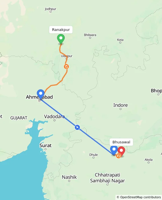 Route map showing distance and travel time from Ranakpur, India to Bhusawal, India