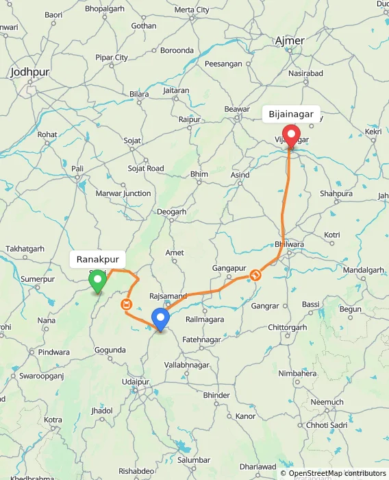 Route map showing distance and travel time from Ranakpur, India to Bijainagar, India