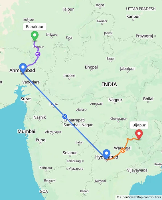 Route map showing distance and travel time from Ranakpur, India to Bijapur, India