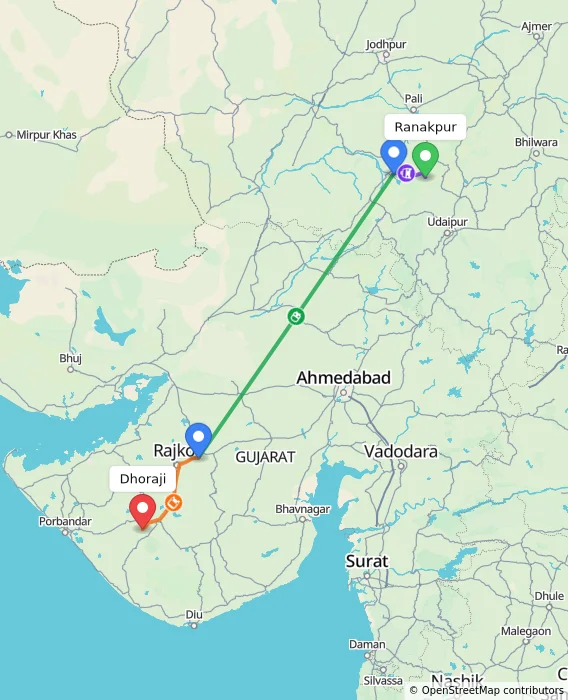 Route map showing distance and travel time from Ranakpur, India to Dhoraji, India