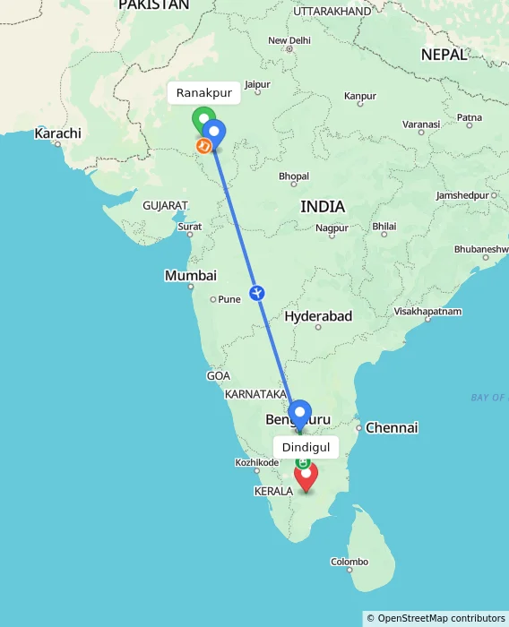 Route map showing distance and travel time from Ranakpur, India to Dindigul, India