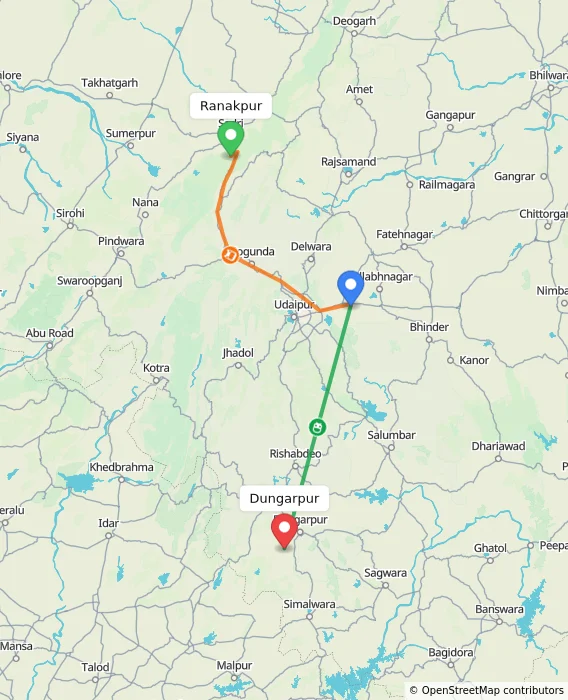 Route map showing distance and travel time from Ranakpur, India to Dungarpur, India