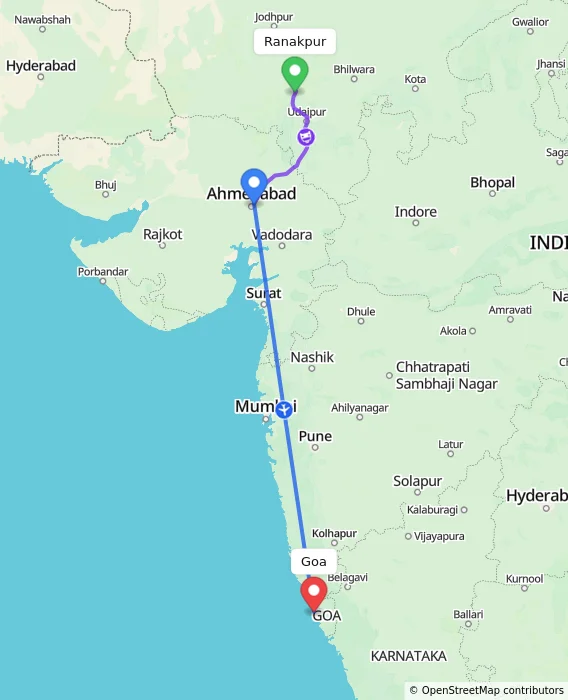 Route map showing distance and travel time from Ranakpur, India to Goa, India