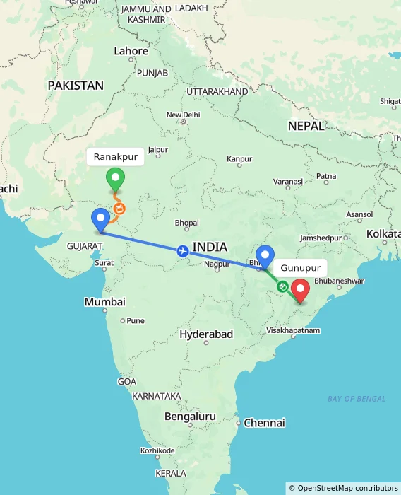 Route map showing distance and travel time from Ranakpur, India to Gunupur, India