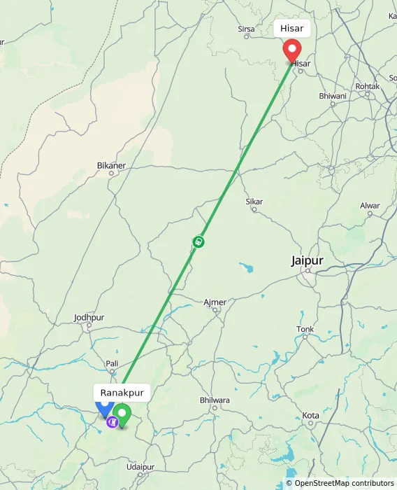 Route map showing distance and travel time from Ranakpur, India to Hisar, India