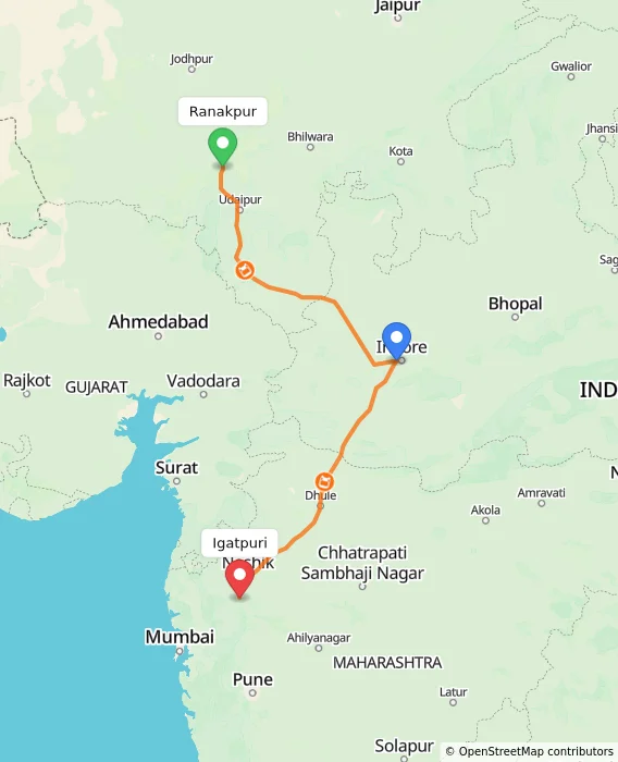 Route map showing distance and travel time from Ranakpur, India to Igatpuri, India