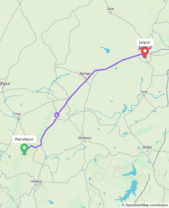 Route map showing distance and travel time from Ranakpur, India to Jaipur, India