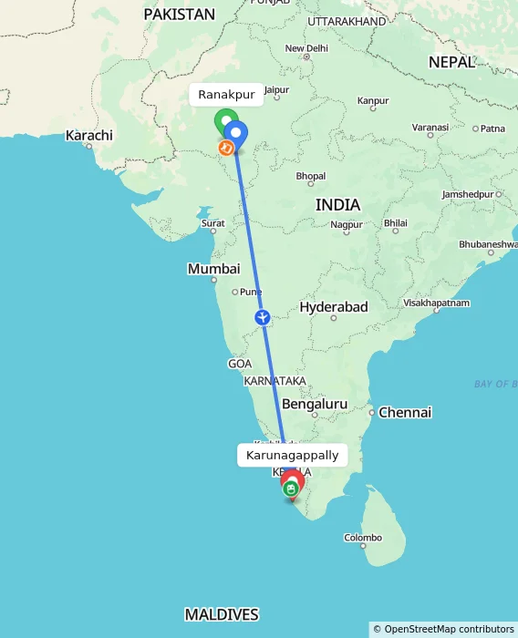 Route map showing distance and travel time from Ranakpur, India to Karunagappally, India