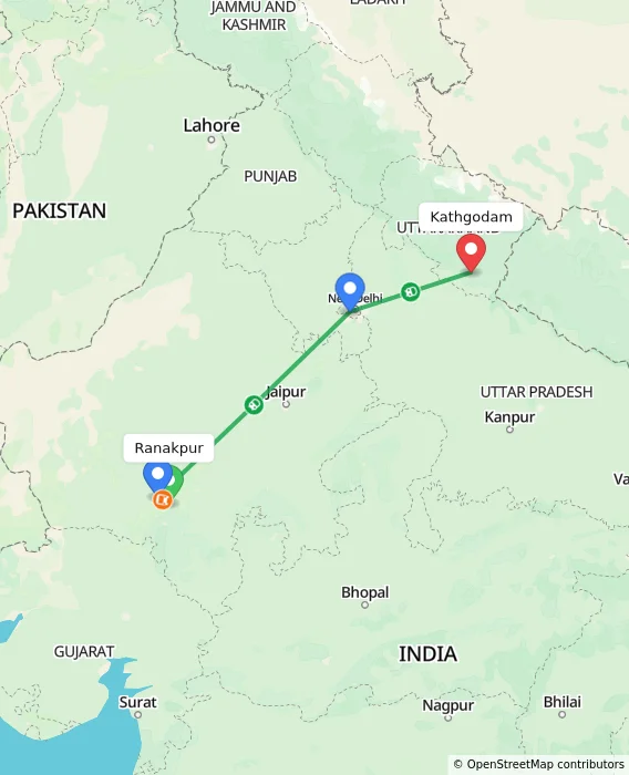 Route map showing distance and travel time from Ranakpur, India to Kathgodam, India