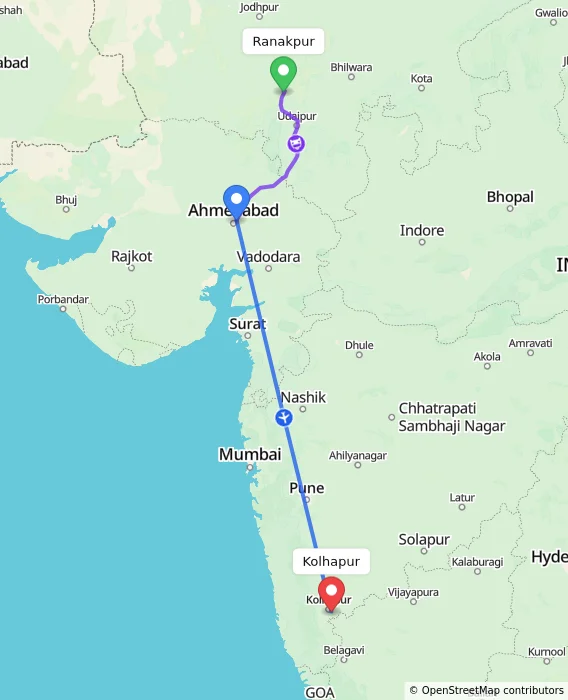 Route map showing distance and travel time from Ranakpur, India to Kolhapur, India