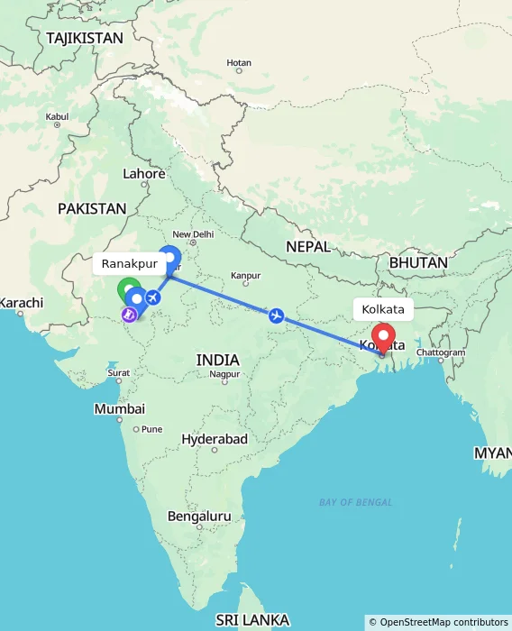 Route map showing distance and travel time from Ranakpur, India to Kolkata, India