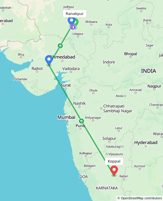 Route map showing distance and travel time from Ranakpur, India to Koppal, India
