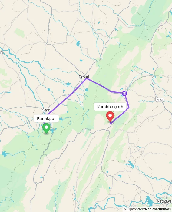 Route map showing distance and travel time from Ranakpur, India to Kumbhalgarh, India