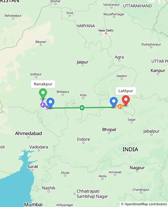 Route map showing distance and travel time from Ranakpur, India to Lalitpur, India