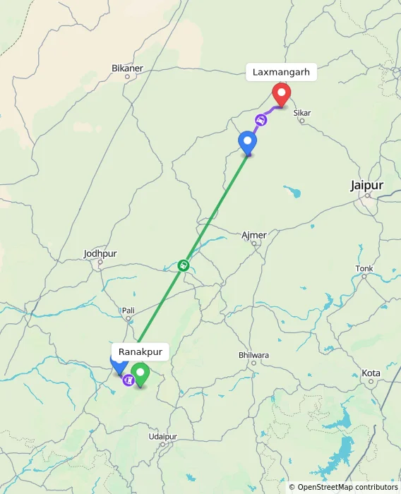 Route map showing distance and travel time from Ranakpur, India to Laxmangarh, India