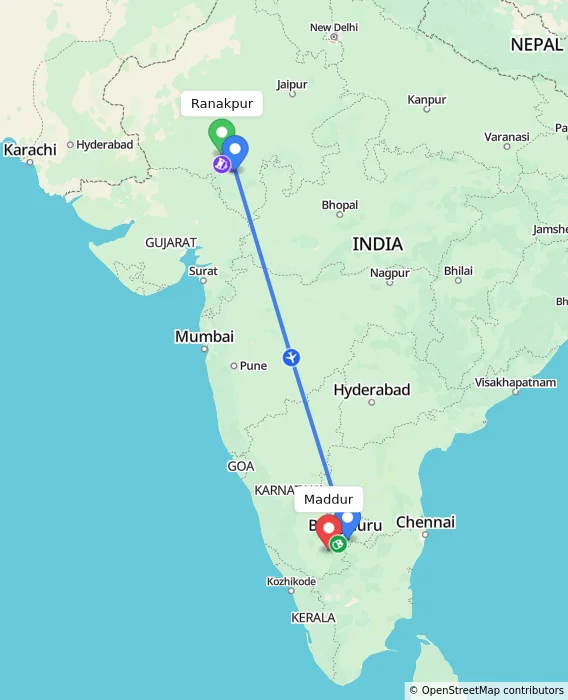Route map showing distance and travel time from Ranakpur, India to Maddur, India