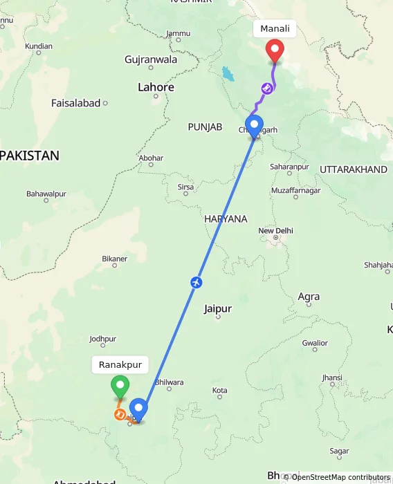 Route map showing distance and travel time from Ranakpur, India to Manali, India