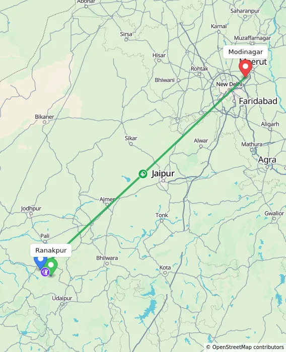 Route map showing distance and travel time from Ranakpur, India to Modinagar, India