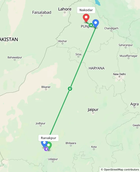 Route map showing distance and travel time from Ranakpur, India to Nakodar, India