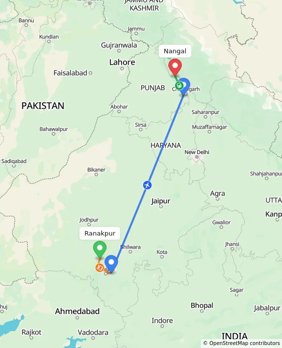 Route map showing distance and travel time from Ranakpur, India to Nangal, India