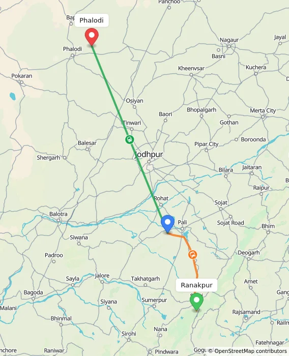 Route map showing distance and travel time from Ranakpur, India to Phalodi, India