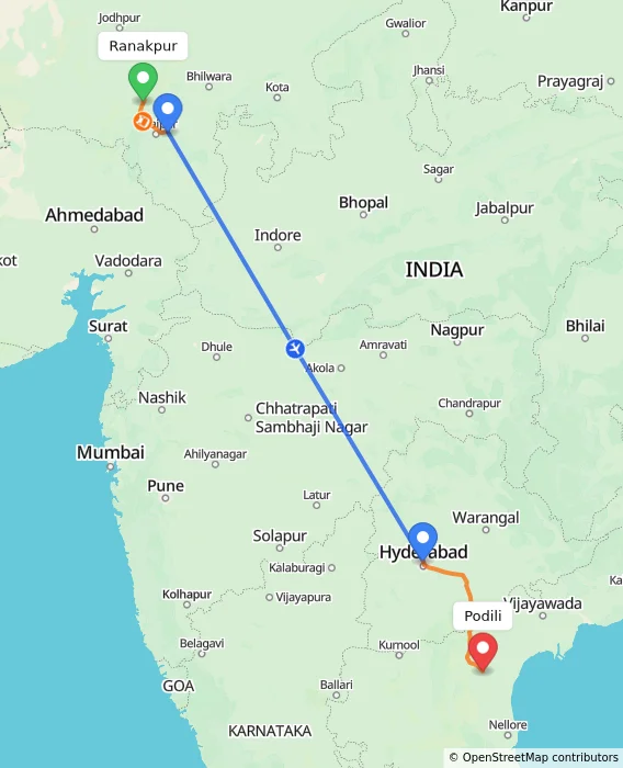 Route map showing distance and travel time from Ranakpur, India to Podili, India