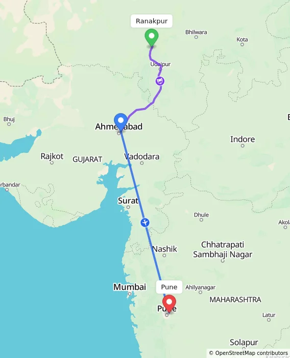 Route map showing distance and travel time from Ranakpur, India to Pune, India