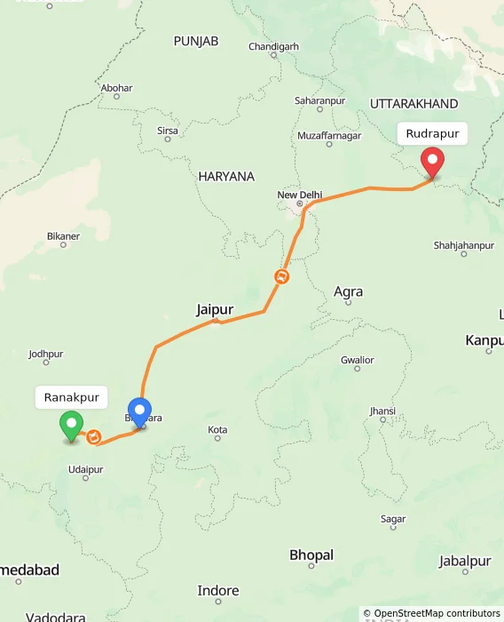 Route map showing distance and travel time from Ranakpur, India to Rudrapur, India