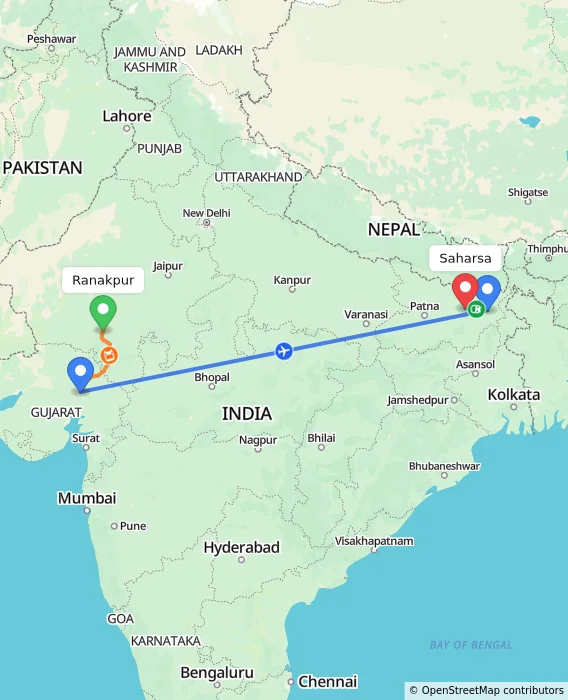 Route map showing distance and travel time from Ranakpur, India to Saharsa, India