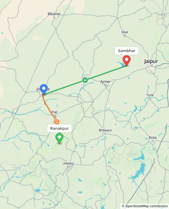 Route map showing distance and travel time from Ranakpur, India to Sambhar, India