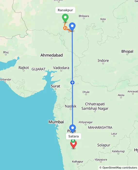 Route map showing distance and travel time from Ranakpur, India to Satara, India