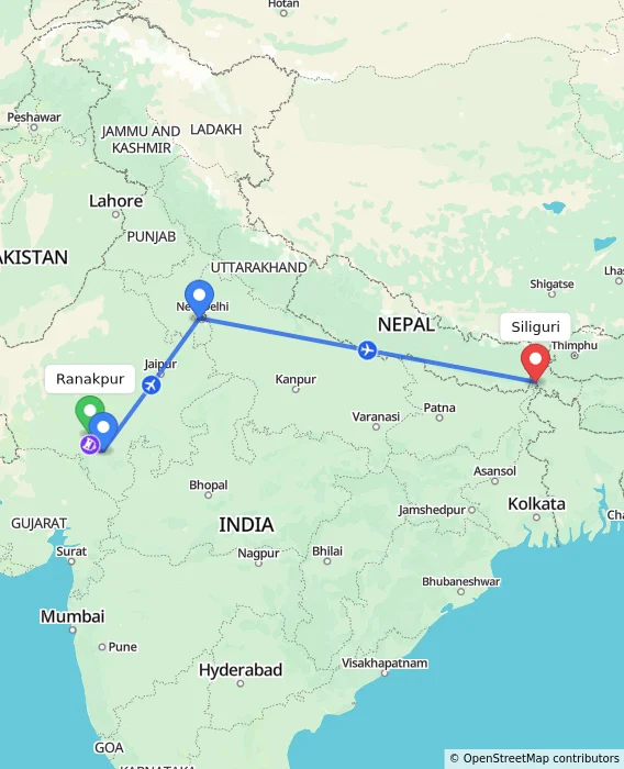 Route map showing distance and travel time from Ranakpur, India to Siliguri, India