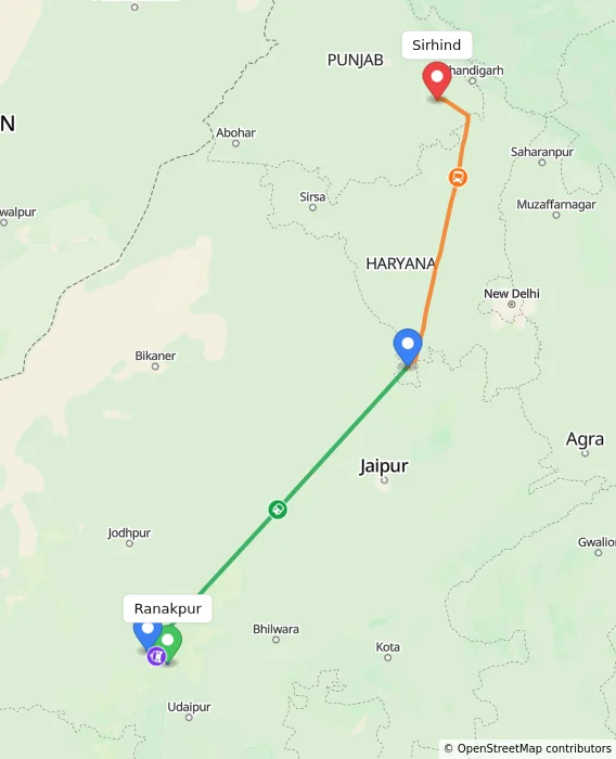 Route map showing distance and travel time from Ranakpur, India to Sirhind, India