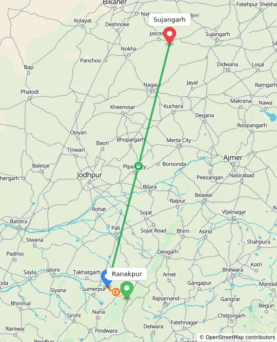 Route map showing distance and travel time from Ranakpur, India to Sujangarh, India